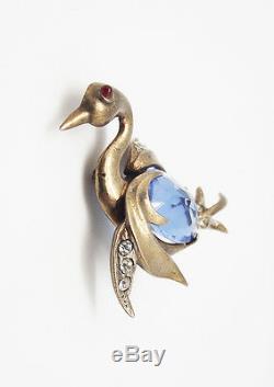 Vintage 925 Sterling Silver 2 Blue & Clear Crystal Jelly Belly Bird Pin Brooch