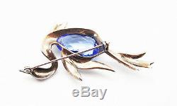Vintage 925 Sterling Silver 3 Blue Clear Crystal Jelly Belly Bird Pin Brooch