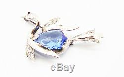 Vintage 925 Sterling Silver 3 Blue Clear Crystal Jelly Belly Bird Pin Brooch