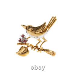 Vintage 9ct Solid Gold Robin Bird Brooch With Ruby Berries H'marked 1978