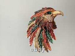 Vintage ART Enamel Bird Brooch Pin With Seed Pearls, Red And Green Enamel