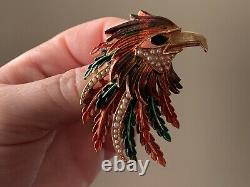 Vintage ART Enamel Bird Brooch Pin With Seed Pearls, Red And Green Enamel