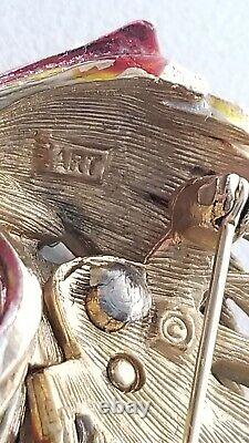 Vintage ART Signed Phoenix / Bird Enameled Seed Pearl Gold Emerald Eye Brooch