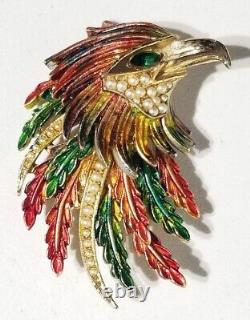 Vintage ART Signed Phoenix / Bird Enameled Seed Pearl Gold Emerald Eye Brooch