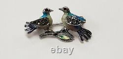 Vintage Alice Caviness Sterling Marcasite Enamel Birds Pin Brooch Germany