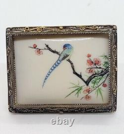 Vintage Antique Brooch Asian Painted Bird in Silver Filigree Frame Floral
