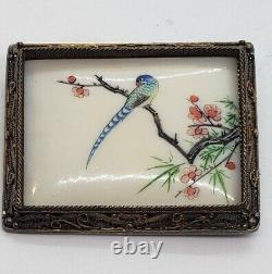 Vintage Antique Brooch Asian Painted Bird in Silver Filigree Frame Floral