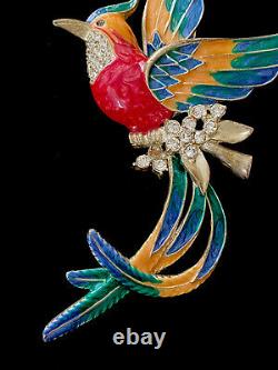 Vintage Antique Large Coro Enamel Rhinestone Bird of Paradise Brooch Pin 5.75