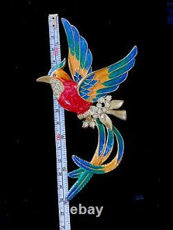 Vintage Antique Large Coro Enamel Rhinestone Bird of Paradise Brooch Pin 5.75