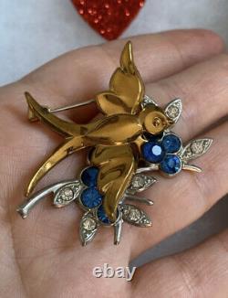 Vintage Antique brooch Bird Dove w Olive Branch Cold & Blue 1930s Very Rare Pin