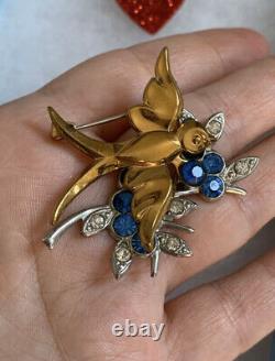 Vintage Antique brooch Bird Dove w Olive Branch Cold & Blue 1930s Very Rare Pin
