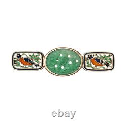 Vintage Art Deco Bar Brooch Carved Jade Enamel Bird 14k Yellow Gold Jewelry