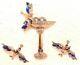 Vintage Art Deco Brooch And Earrings Set Bluebirds With Bird Bath Rose Gold