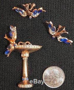 Vintage Art Deco Brooch and Earrings Set Bluebirds with Bird Bath Rose Gold