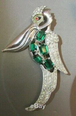 Vintage Art Deco Pelican Bird Clear Emerald Rhinestone Brooch Pin Figural 3+
