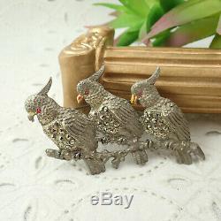 Vintage Art Deco Pot Metal Paste 3 Cockatoo Birds on Branch Marcasite Pin Brooch