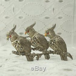 Vintage Art Deco Pot Metal Paste 3 Cockatoo Birds on Branch Marcasite Pin Brooch