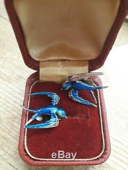 Vintage Art Deco fine silver enamel marcasite swallow bird brooch and earrings