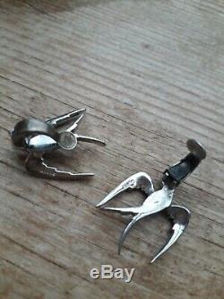 Vintage Art Deco fine silver enamel marcasite swallow bird brooch and earrings