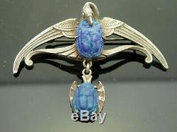 Vintage Art Nouveau Bird Crane Egyptian Revival Art Blue Glass SP Brooch Pin