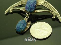 Vintage Art Nouveau Bird Crane Egyptian Revival Art Blue Glass SP Brooch Pin