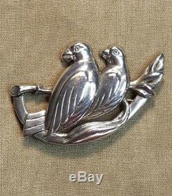 Vintage Art Nouveau Sterling Silver Two Love Birds Doves Branch Pin Brooch