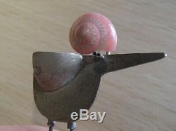 Vintage Artisan GABRIELLE GOULD Sterling Silver Bird Shell Mixed Art Brooch Pin