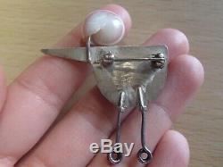 Vintage Artisan GABRIELLE GOULD Sterling Silver Bird Shell Mixed Art Brooch Pin