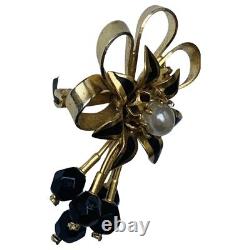 Vintage Austrian Crystal Vermeil Overlay Gold Enamel Flower Pearl Brooch Pin