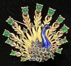 Vintage BOUCHER Green Blue rhinestone PEACOCK Bird enamel Gold tone Pin BROOCH