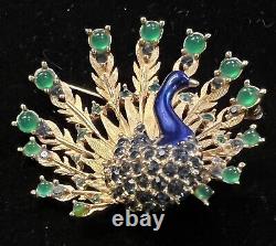 Vintage BOUCHER Green Blue rhinestone PEACOCK Bird enamel Gold tone Pin BROOCH