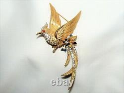 Vintage BOUCHER Large Gold Tone BIRD Pin or Brooch Rhinestones Flowers Figural