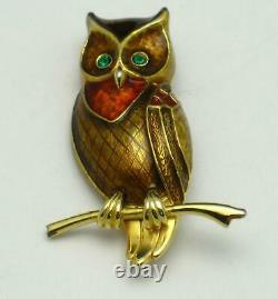 Vintage BOUCHER Owl On Branch Brooch Metallic Brown Enamel Figural Pin
