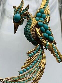 Vintage BOUCHER Style Faux Turquoise Cabochons Bird of Paradise Brooch Large
