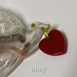 Vintage Bakelite Heart Love Bird Dove Reverse Carved Clear Lucite Pin Brooch