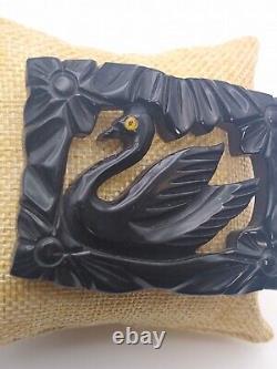 Vintage Bakelite deep carved Swan Goose bird brooch pin Black Mourning Jewelry