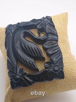 Vintage Bakelite deep carved Swan Goose bird brooch pin Black Mourning Jewelry