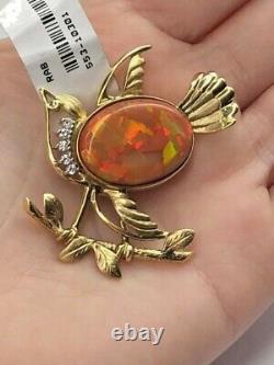 Vintage Bird Brooch 14K Gold Mexican Fire Opal with Diamonds