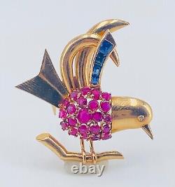 Vintage Bird Brooch In 18k Yellow Gold With A Tiny Diamond, Rubies And Sapphires