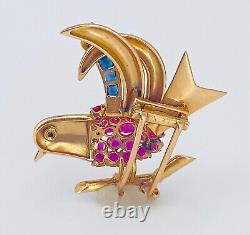 Vintage Bird Brooch In 18k Yellow Gold With A Tiny Diamond, Rubies And Sapphires