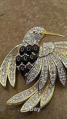 Vintage Bird Brooch Pin Black Faux Onyx Clear Rhinestone #2