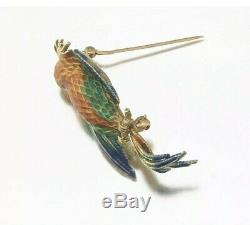 Vintage Bird Brooch Pin Pendant 14K Yellow Gold Diamond Multi-color Enamel