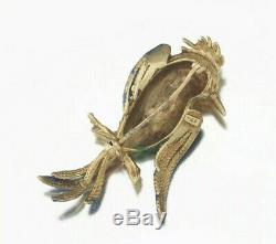 Vintage Bird Brooch Pin Pendant 14K Yellow Gold Diamond Multi-color Enamel