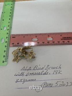 Vintage Bird Brooch, by ALA Designs 14k Yellow Gold With3 Small Emeralds, 8.5 Grams