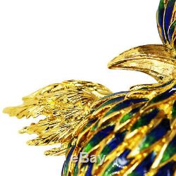 Vintage Bird Brooch with Diamond Eyes in 18kt Yellow Gold & Enamel
