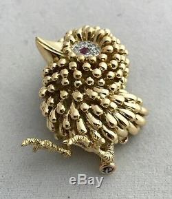 Vintage Bird Pin Brooch 18k Gold Handmade With Ruby And Diamonds, Exquisite