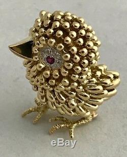 Vintage Bird Pin Brooch 18k Gold Handmade With Ruby And Diamonds, Exquisite