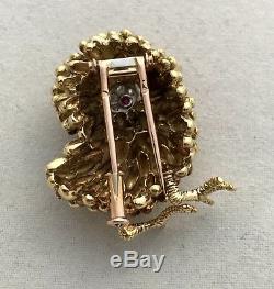 Vintage Bird Pin Brooch 18k Gold Handmade With Ruby And Diamonds, Super Cute