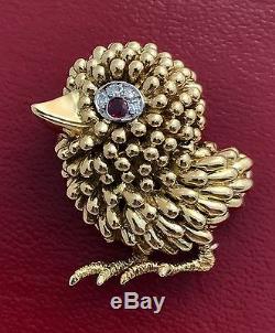 Vintage Bird Pin Brooch 18k Gold Handmade With Ruby And Diamonds, Super Cute