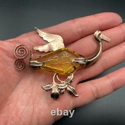 Vintage Bird Yellow Glass Butterfly Flower Sterling Silver Pin Brooch